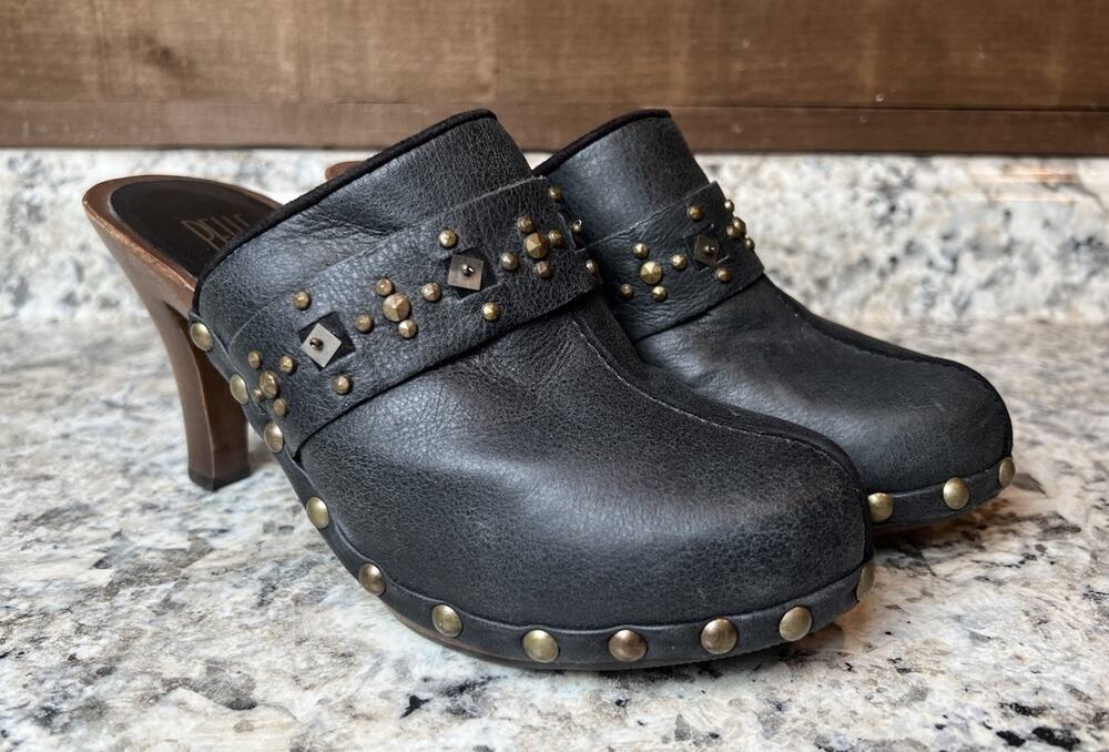 Y2k Pelle Moda Black Leather Clogs Mules Women’s Sz 6.5 Studded Western Boho